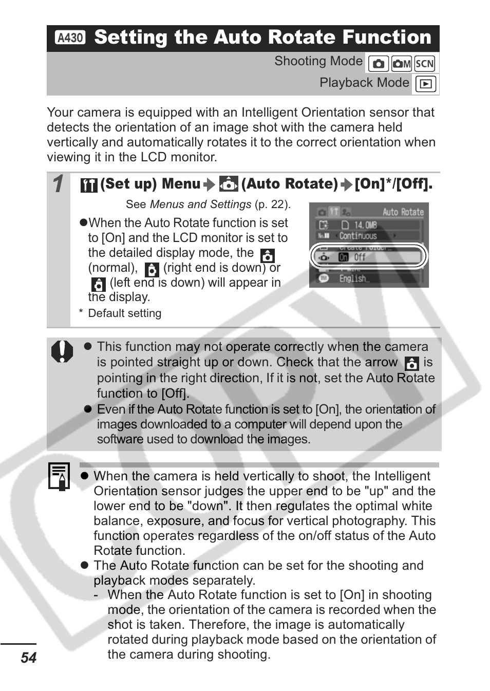 Setting the auto rotate function | Canon A430 User Manual | Page 56 / 115