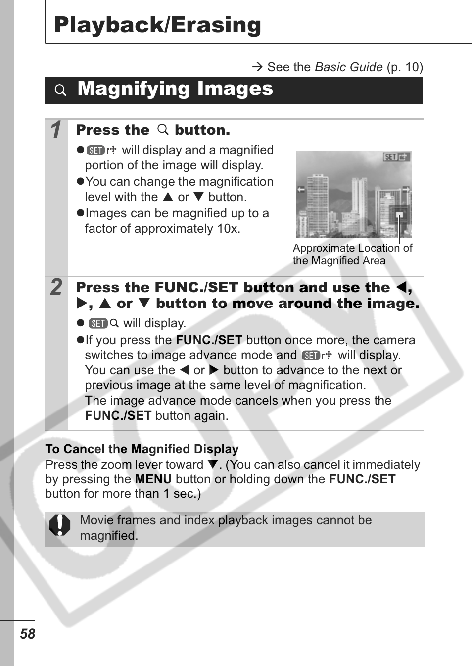 Playback/erasing, Magnifying images | Canon A430 User Manual | Page 60 / 115