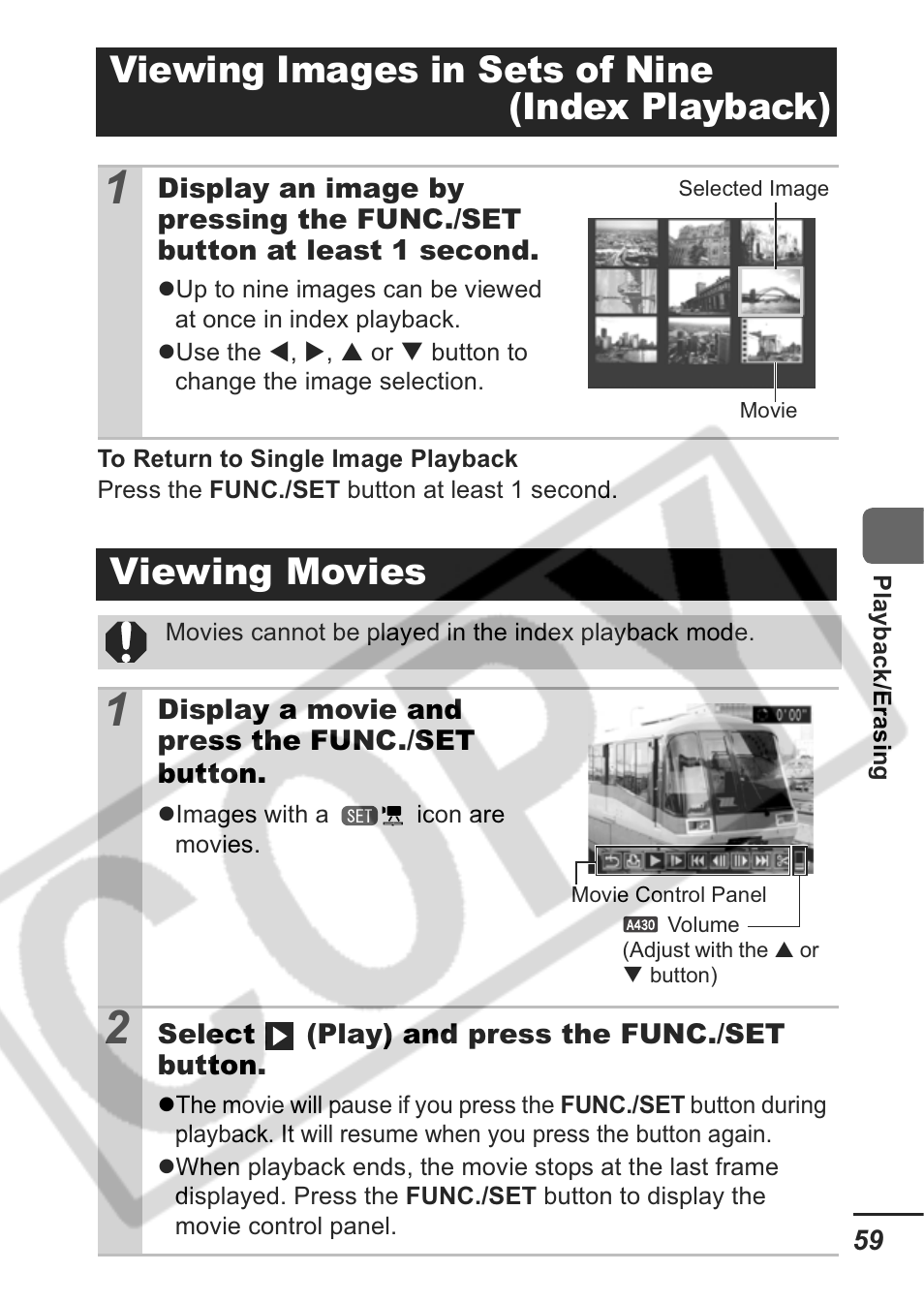 Viewing images in sets of nine (index playback), Viewing movies | Canon A430 User Manual | Page 61 / 115