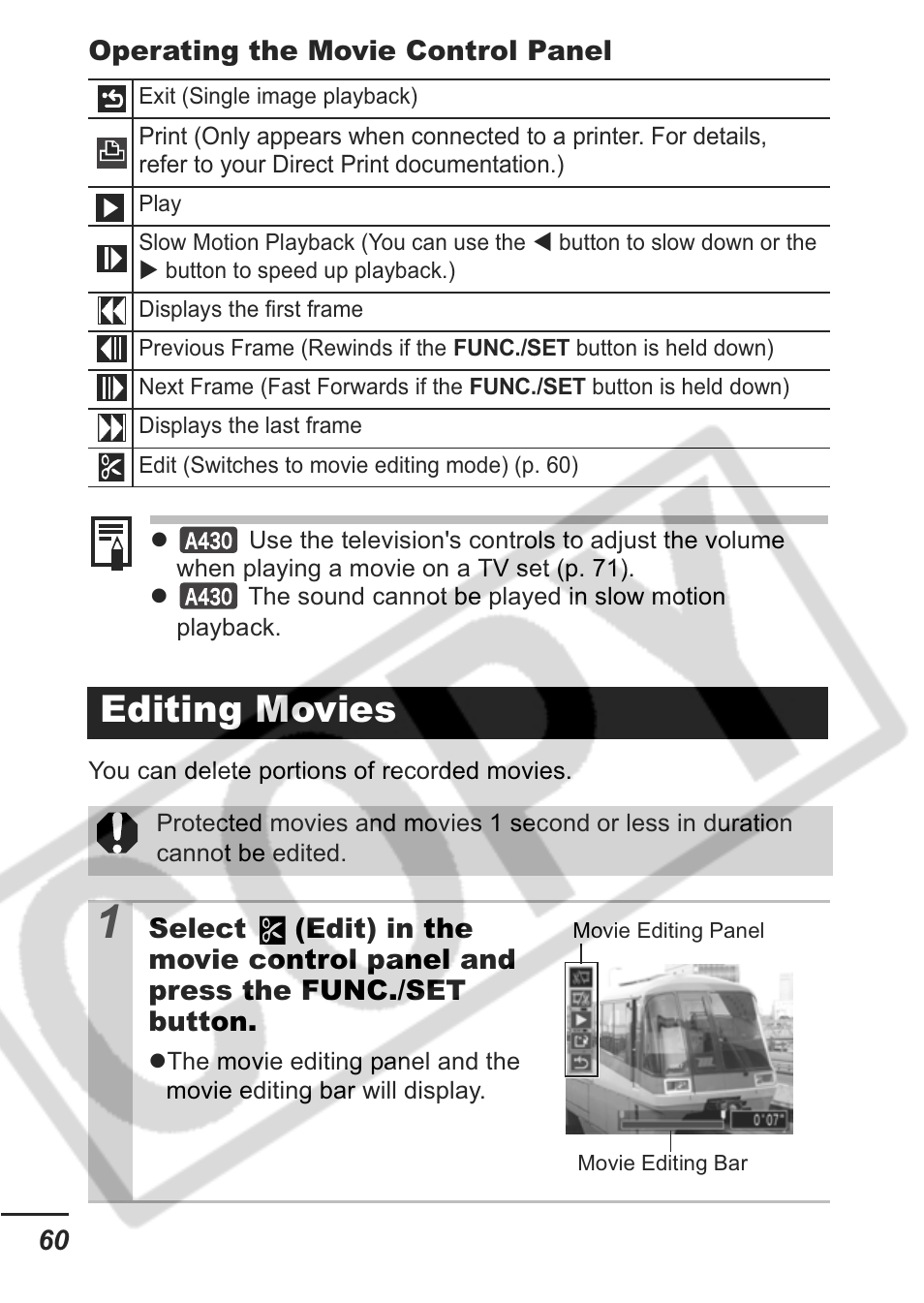 Editing movies | Canon A430 User Manual | Page 62 / 115