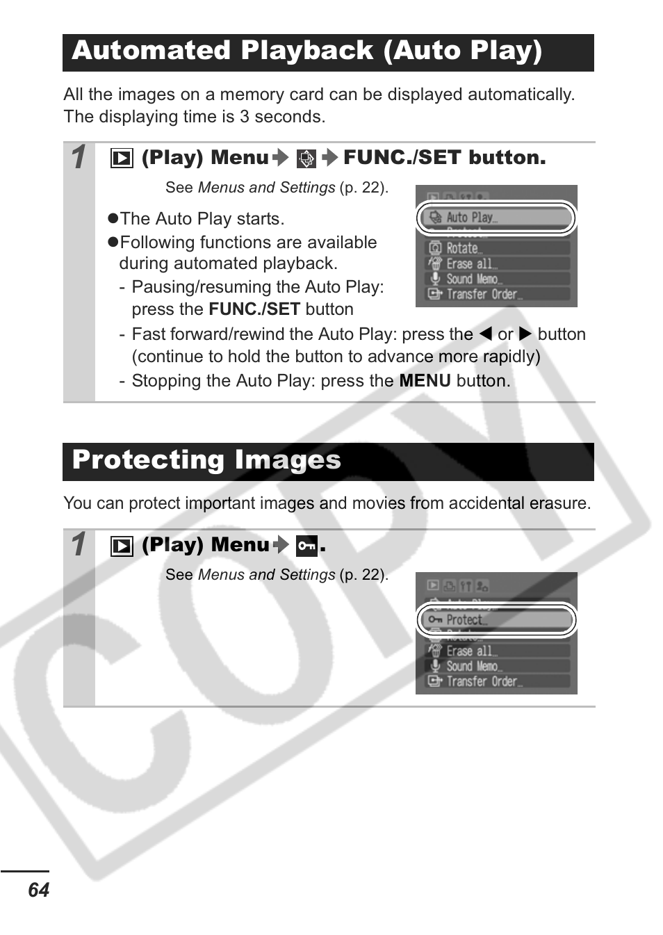 Automated playback (auto play), Protecting images | Canon A430 User Manual | Page 66 / 115