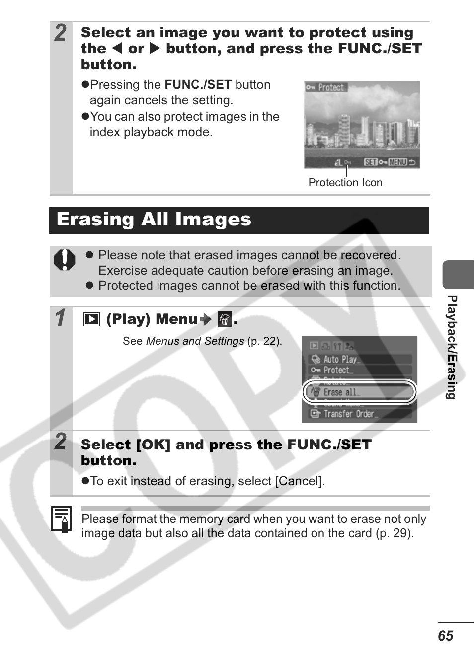 Erasing all images | Canon A430 User Manual | Page 67 / 115