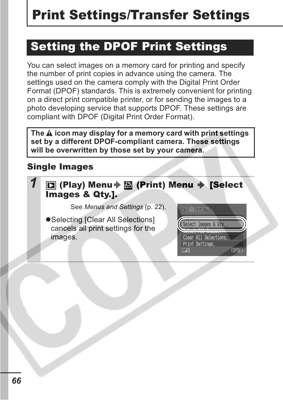 Print settings/transfer settings, Setting the dpof print settings | Canon A430 User Manual | Page 68 / 115