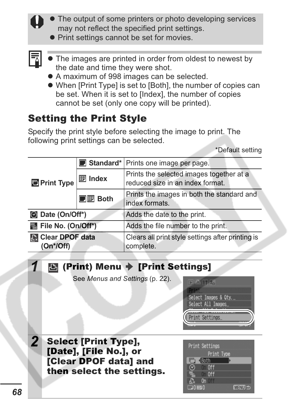 Setting the print style | Canon A430 User Manual | Page 70 / 115