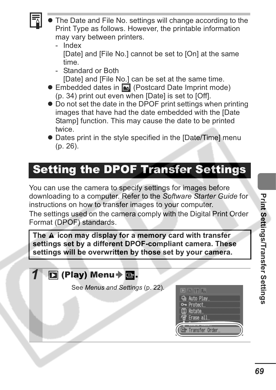 Setting the dpof transfer settings | Canon A430 User Manual | Page 71 / 115
