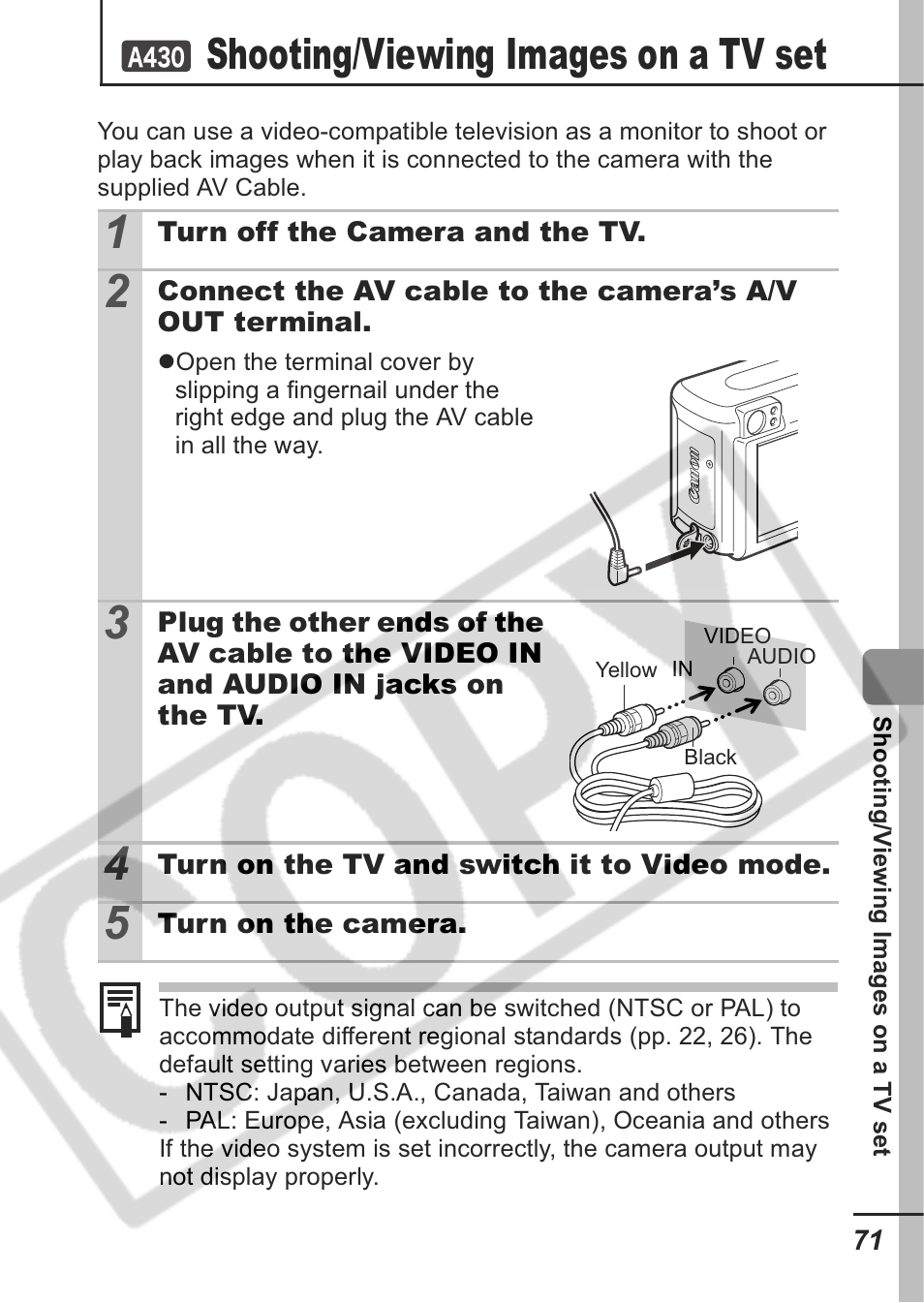 Shooting/viewing images on a tv set | Canon A430 User Manual | Page 73 / 115