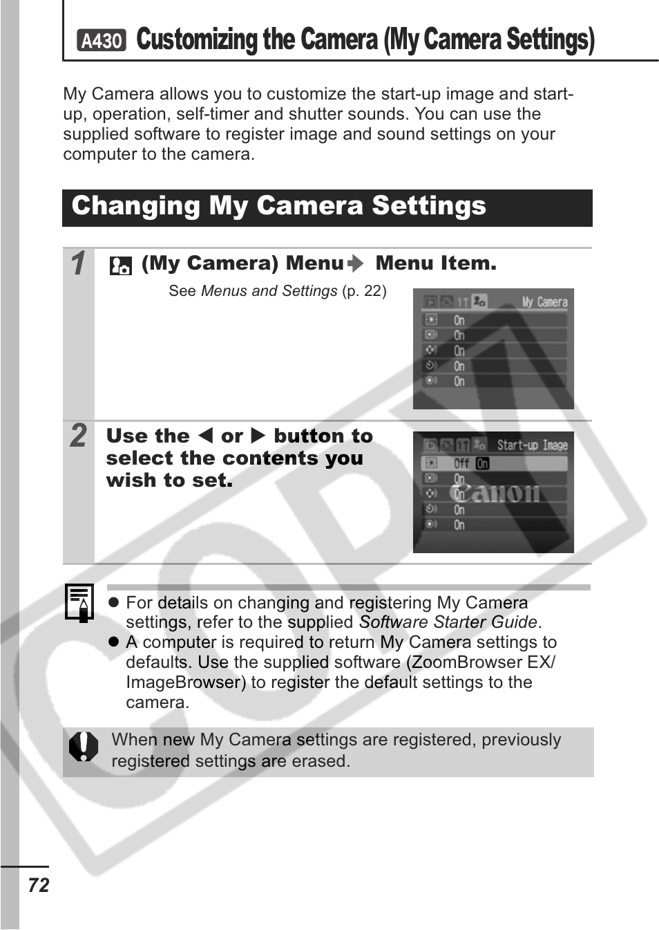 Customizing the camera (my camera settings), Changing my camera settings | Canon A430 User Manual | Page 74 / 115