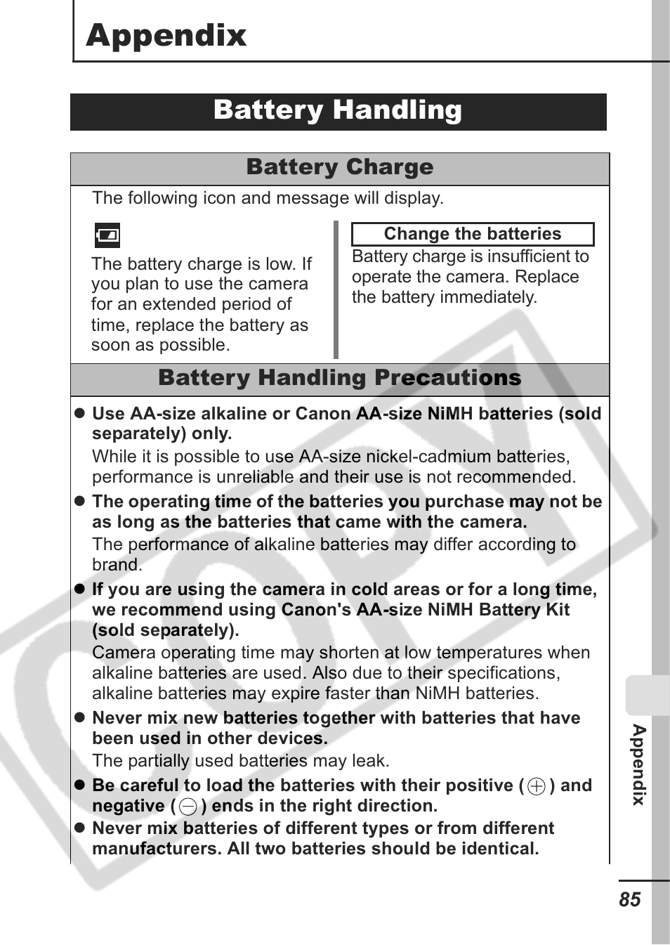 Appendix, Battery handling, Battery charge | Battery handling precautions | Canon A430 User Manual | Page 87 / 115