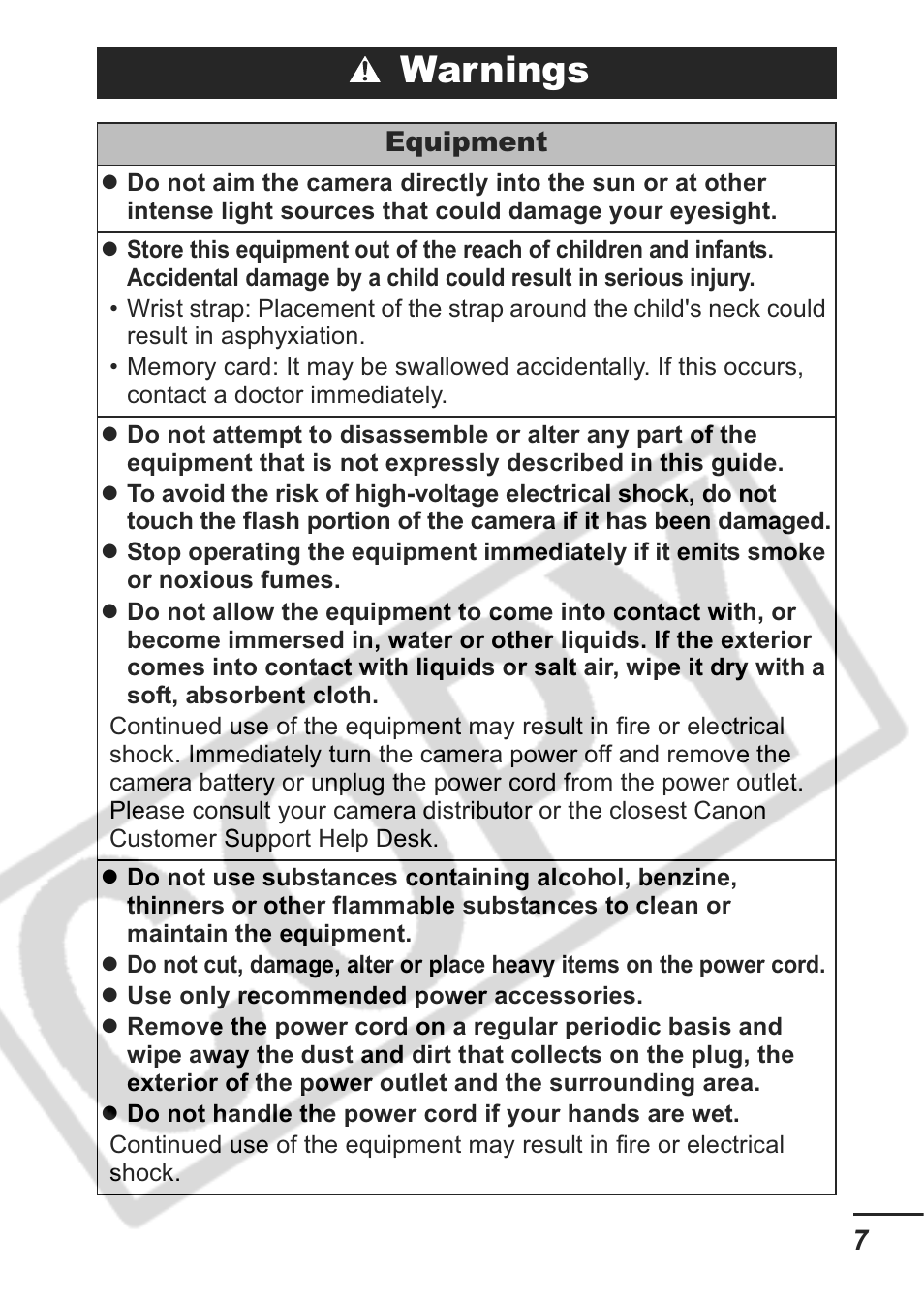 Warnings | Canon A430 User Manual | Page 9 / 115