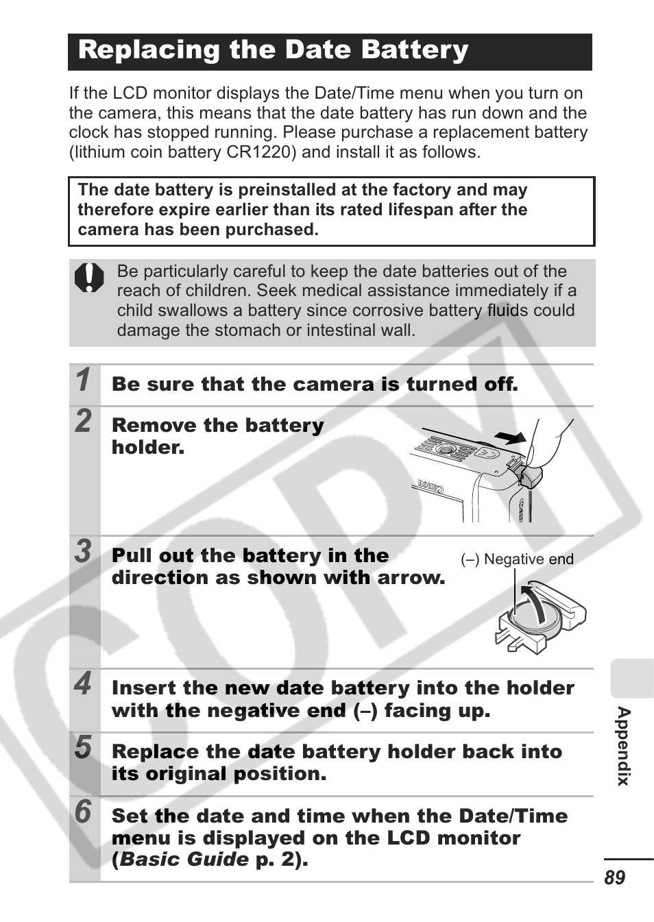 Replacing the date battery | Canon A430 User Manual | Page 91 / 115