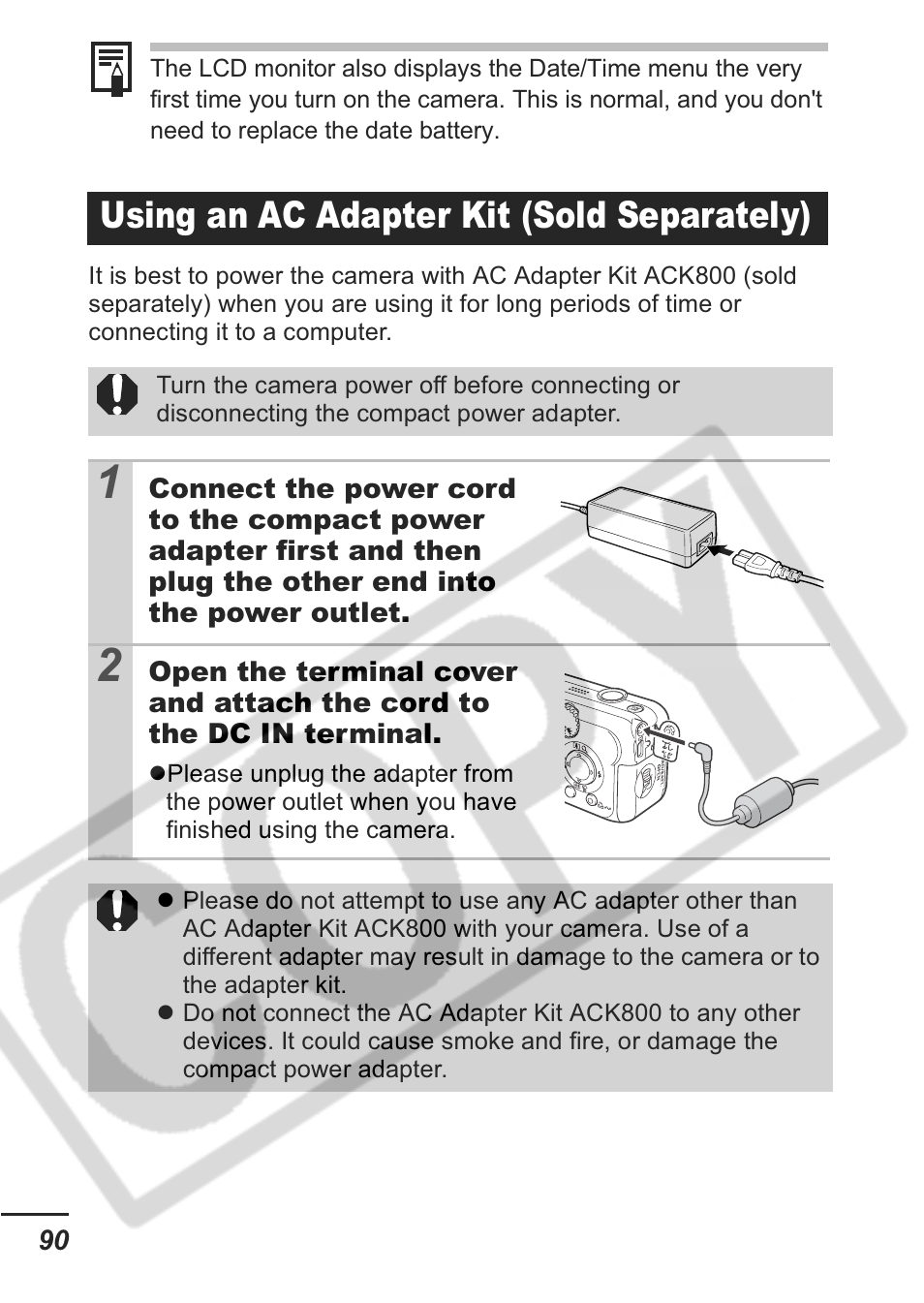Using an ac adapter kit (sold separately) | Canon A430 User Manual | Page 92 / 115