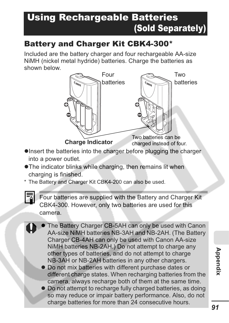 Using rechargeable batteries (sold separately), Battery and charger kit cbk4-300 | Canon A430 User Manual | Page 93 / 115