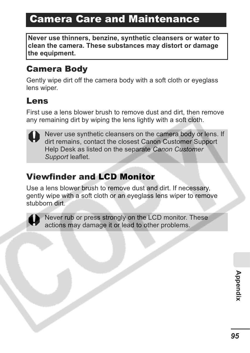 Camera care and maintenance, Camera body, Lens | Viewfinder and lcd monitor | Canon A430 User Manual | Page 97 / 115