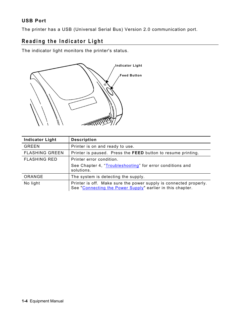 Usb port, Reading the indicator light, Usb port -4 | Reading the indicator light -4 | Avery Dennison Monarch 9416 XL Printer Equipment Manual User Manual | Page 8 / 30