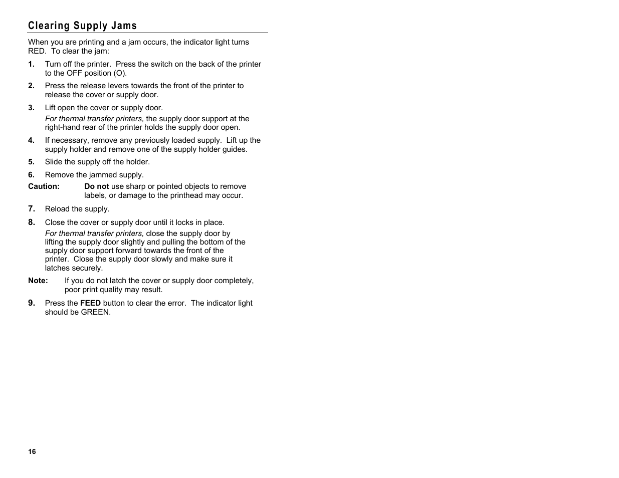 Clearing supply jams | Avery Dennison Monarch 9416 XL Quick Reference User Manual | Page 16 / 22