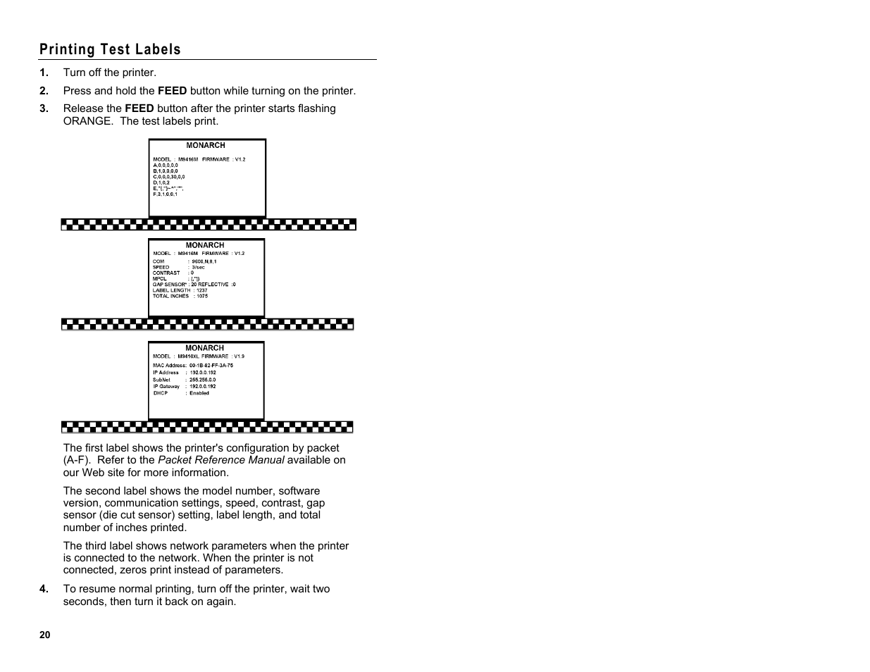 Printing test labels | Avery Dennison Monarch 9416 XL Quick Reference User Manual | Page 20 / 22