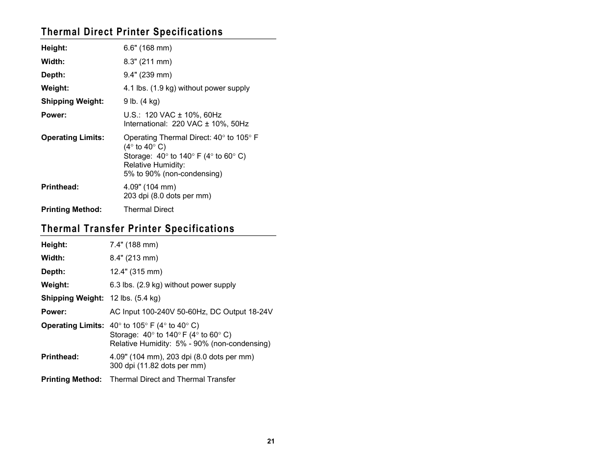 Thermal direct printer specifications, Thermal transfer printer specifications | Avery Dennison Monarch 9416 XL Quick Reference User Manual | Page 21 / 22
