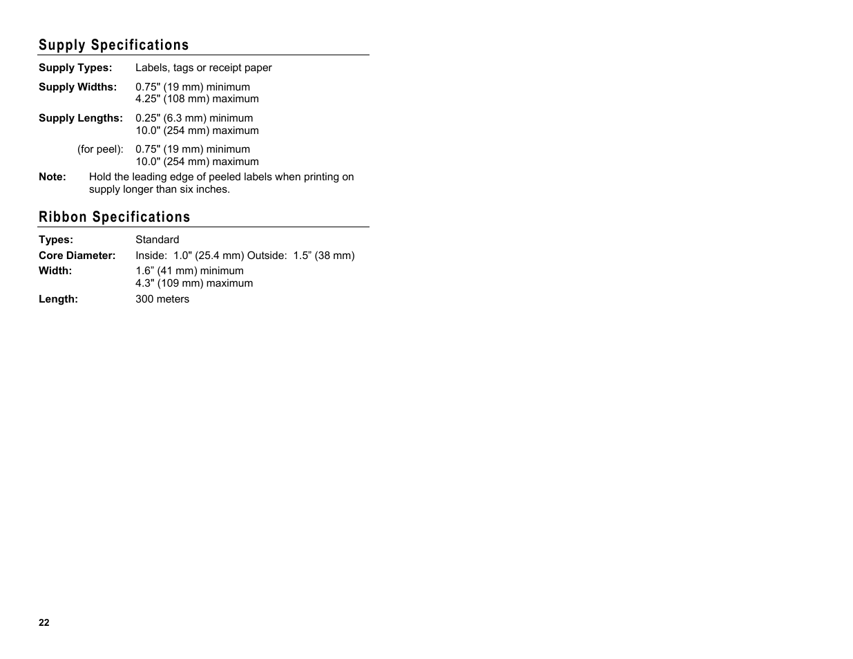 Supply specifications, Ribbon specifications | Avery Dennison Monarch 9416 XL Quick Reference User Manual | Page 22 / 22