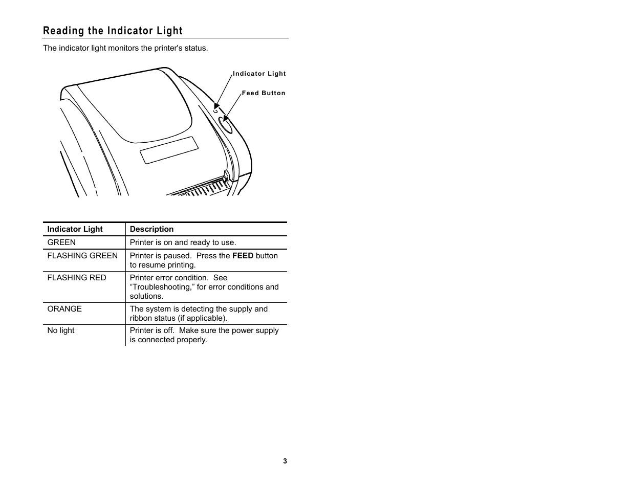 Reading the indicator light | Avery Dennison Monarch 9416 XL Quick Reference User Manual | Page 3 / 22