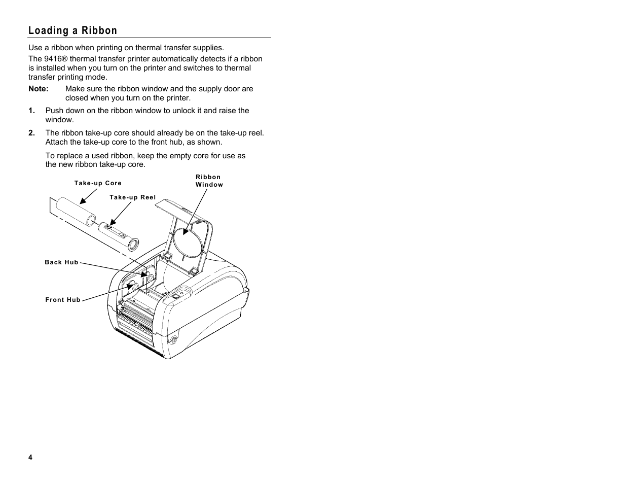 Loading a ribbon | Avery Dennison Monarch 9416 XL Quick Reference User Manual | Page 4 / 22