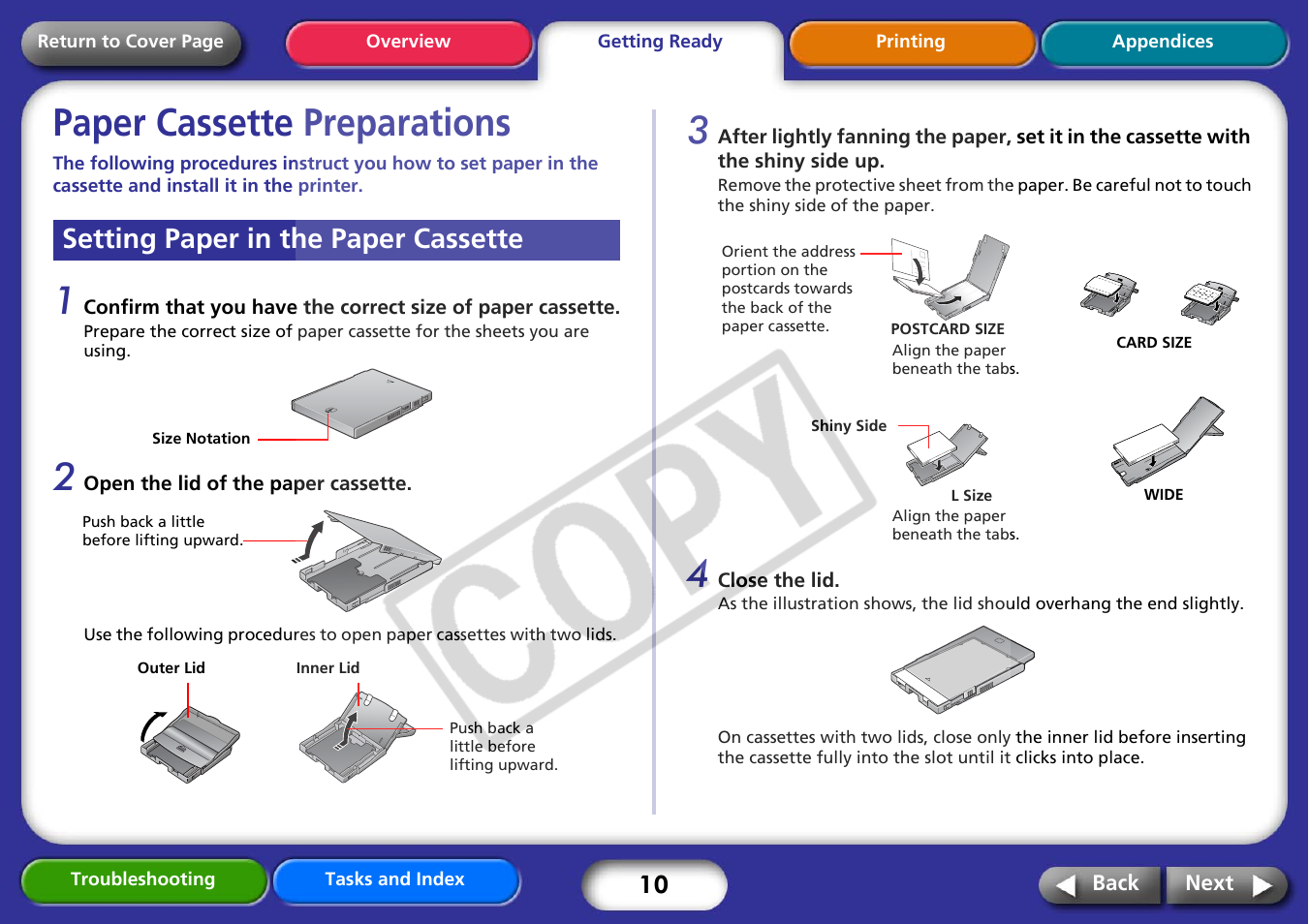 Paper cassette preparations, Setting paper in the paper cassette, Next | Canon CP730 User Manual | Page 10 / 51