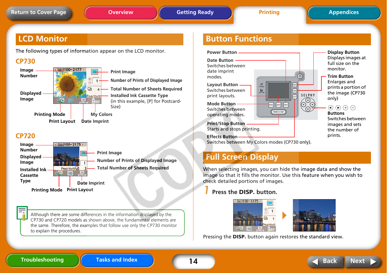 Lcd monitor, Button functions, Full screen display | Next, Button functions full screen display | Canon CP730 User Manual | Page 14 / 51