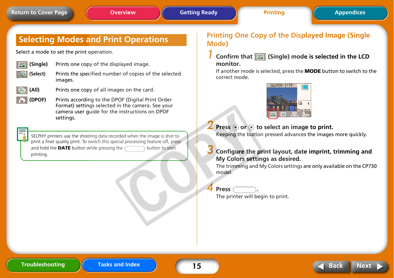 Selecting modes and print operations, Next | Canon CP730 User Manual | Page 15 / 51
