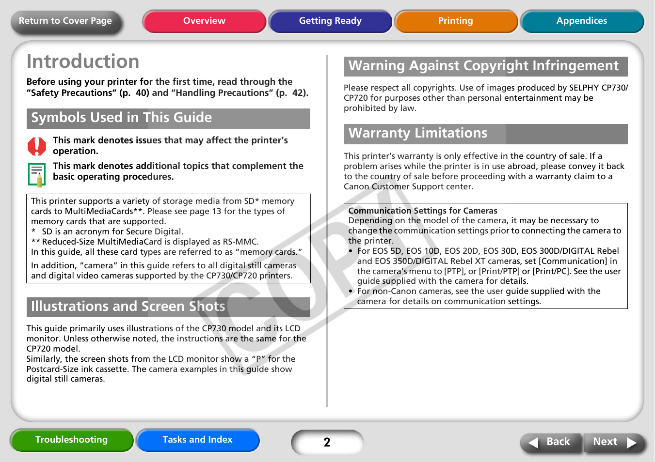 Introduction, Symbols used in this guide, Illustrations and screen shots | Warning against copyright infringement, Warranty limitations, Next | Canon CP730 User Manual | Page 2 / 51