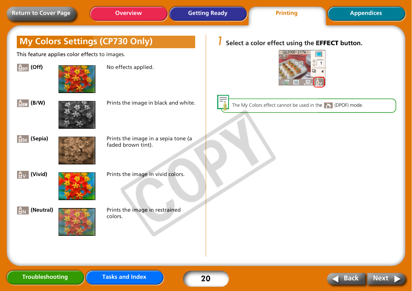 My colors settings (cp730 only), Next | Canon CP730 User Manual | Page 20 / 51