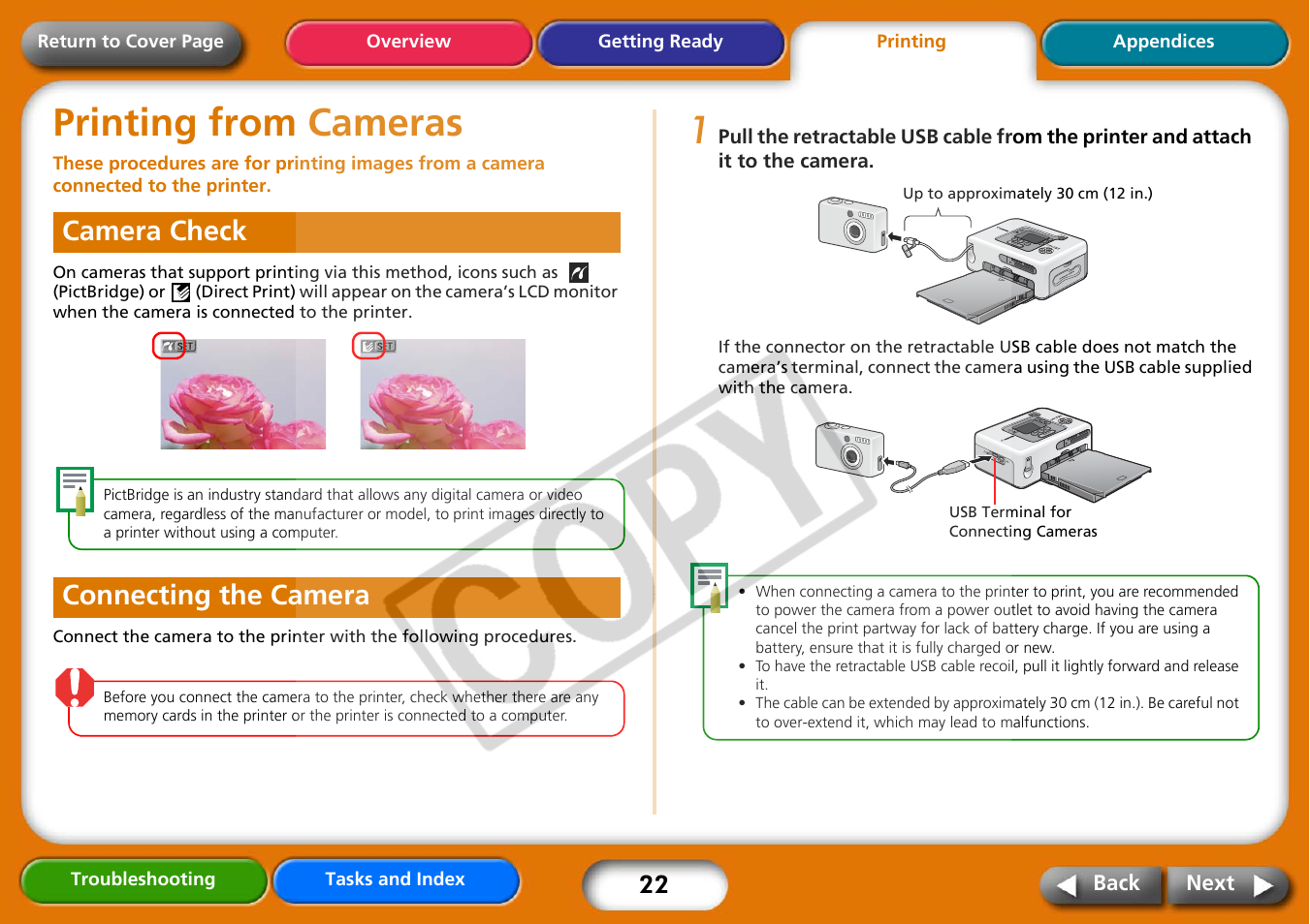 Printing from cameras, Camera check, Connecting the camera | Next, Camera check connecting the camera | Canon CP730 User Manual | Page 22 / 51