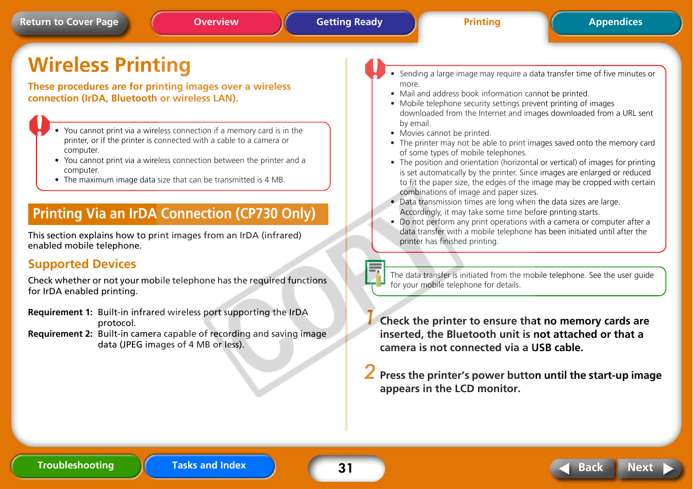 Wireless printing, Printing via an irda connection (cp730 only), Next | Canon CP730 User Manual | Page 31 / 51