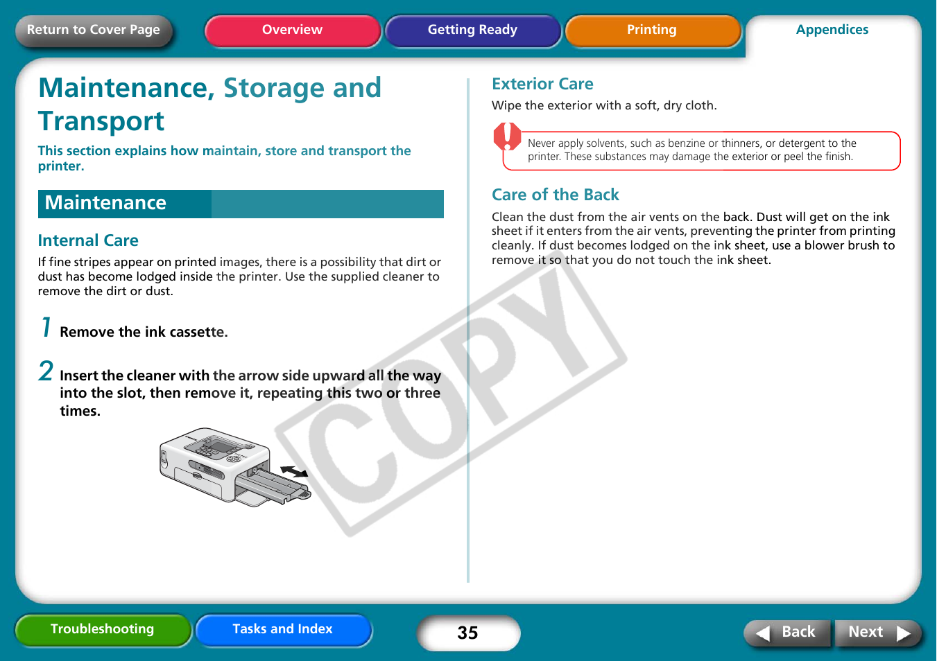 Appendices, Maintenance, storage and transport, Maintenance | Next | Canon CP730 User Manual | Page 35 / 51