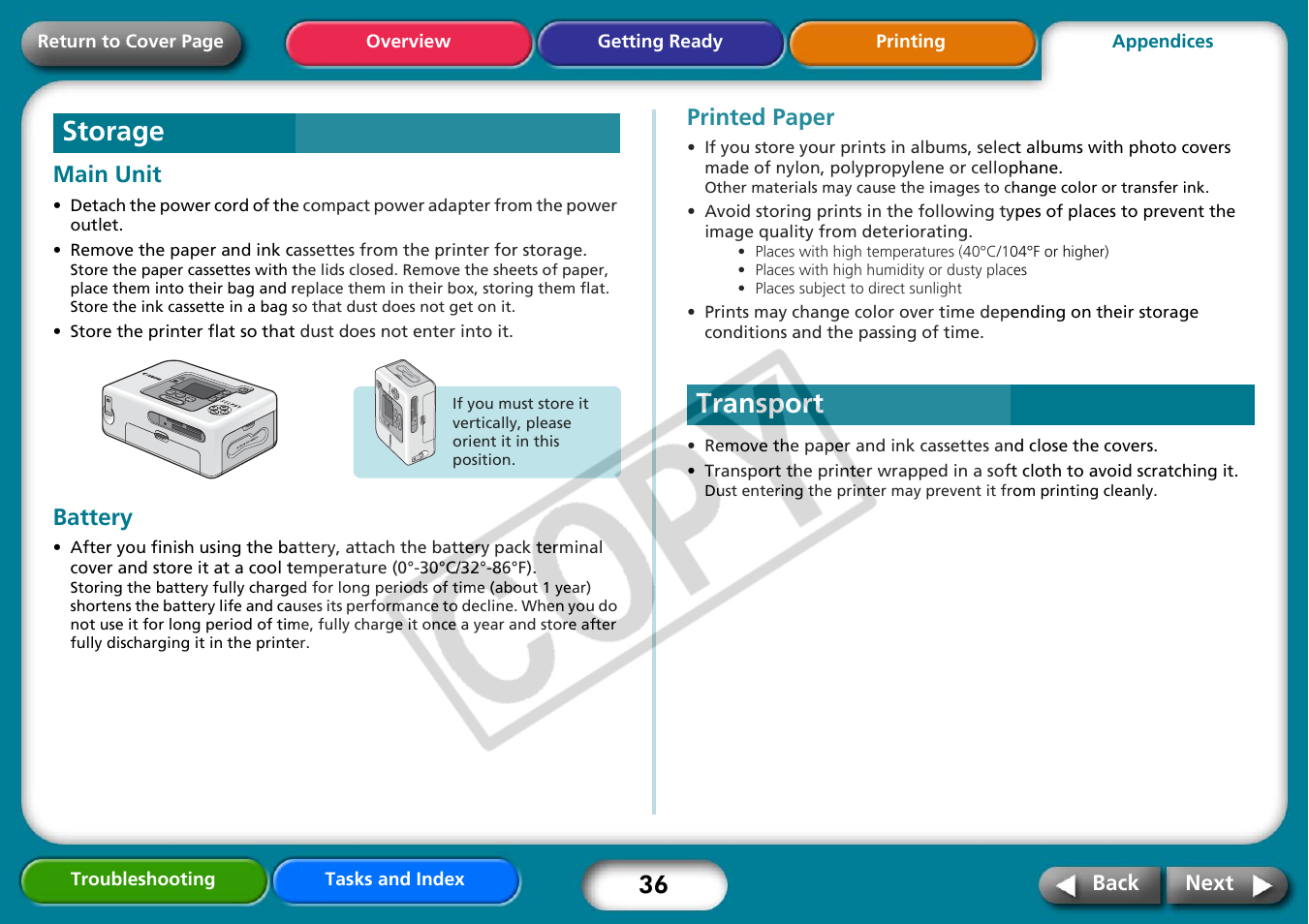 Storage, Transport, Next | Canon CP730 User Manual | Page 36 / 51