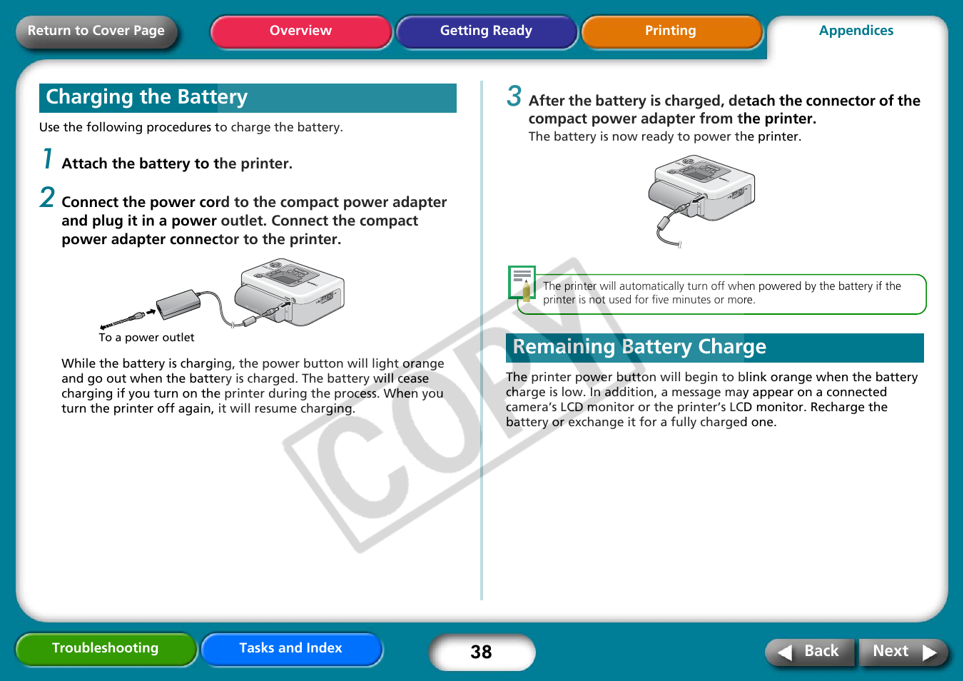 Charging the battery, Remaining battery charge, Next | Canon CP730 User Manual | Page 38 / 51