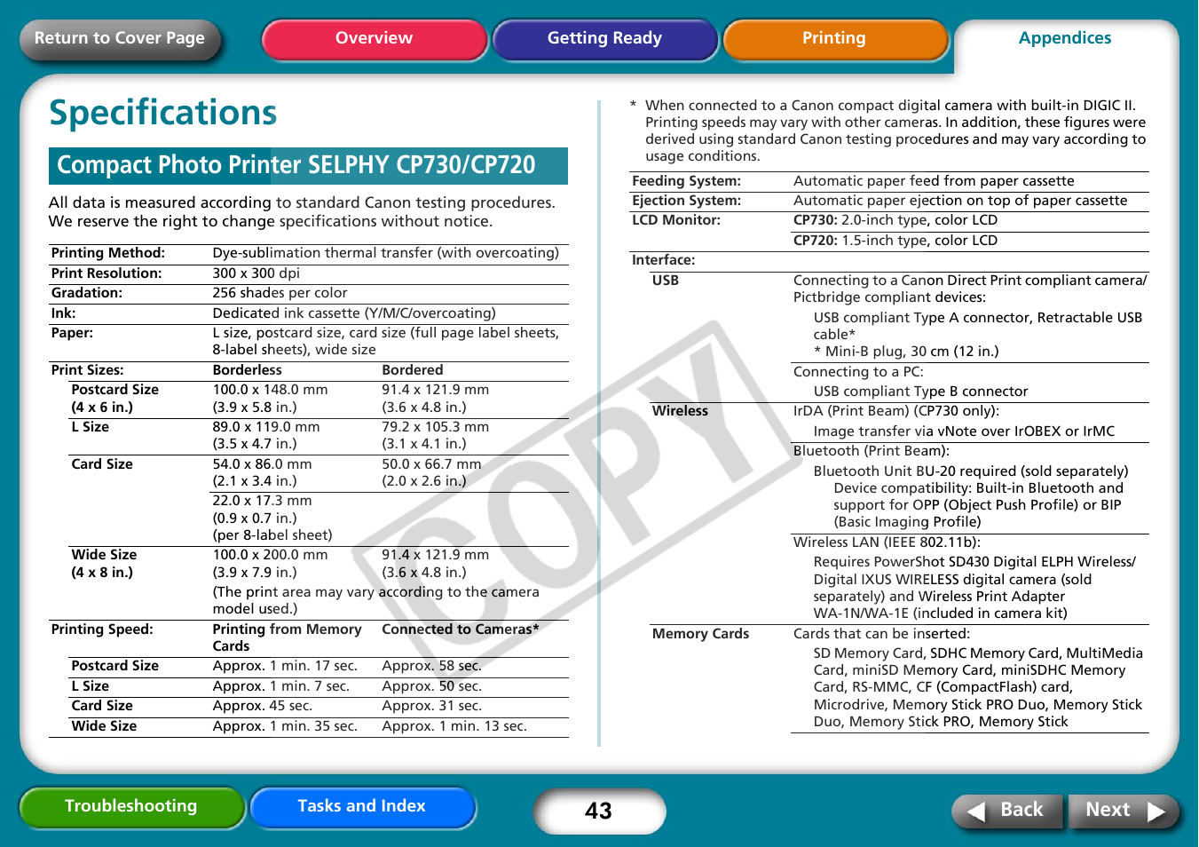 Specifications, Compact photo printer selphy cp730/cp720, Next | Canon CP730 User Manual | Page 43 / 51