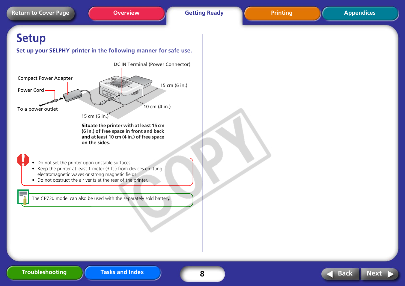 Getting ready, Setup, Next | Canon CP730 User Manual | Page 8 / 51