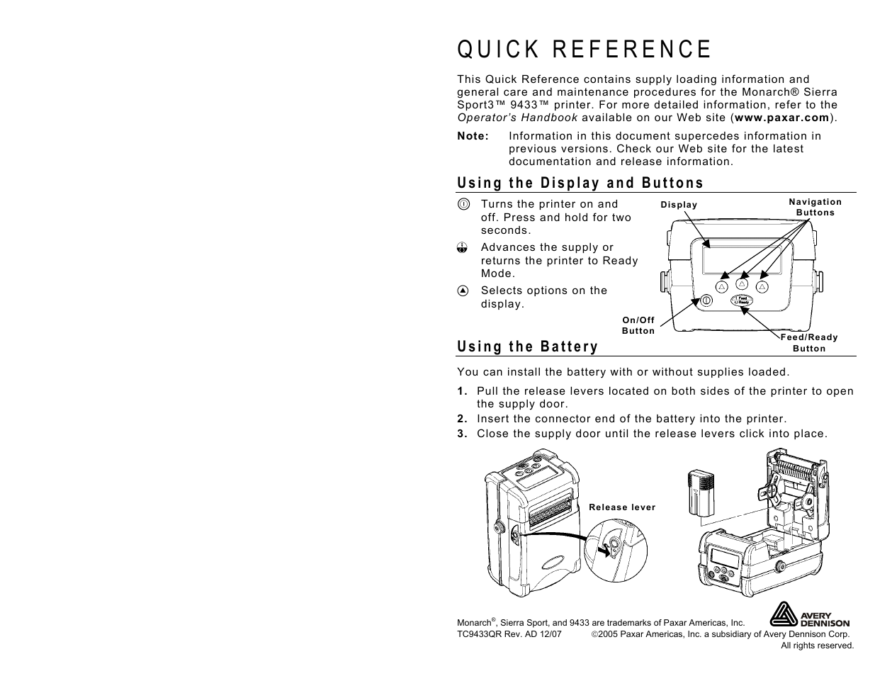 Avery Dennison Sierra Sport3 9433 Quick Reference User Manual | 6 pages
