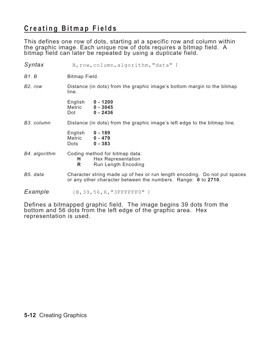 Creating bitmap fields 5-12, Defining fields 5-12, Bitmap fields 5-12 | Bitmap, defining 5-12, Defining bitmap fields 5-12, Creating bitmap fields -12 | Avery Dennison Sierra Sport2 9460 Programmer Manual User Manual | Page 100 / 230