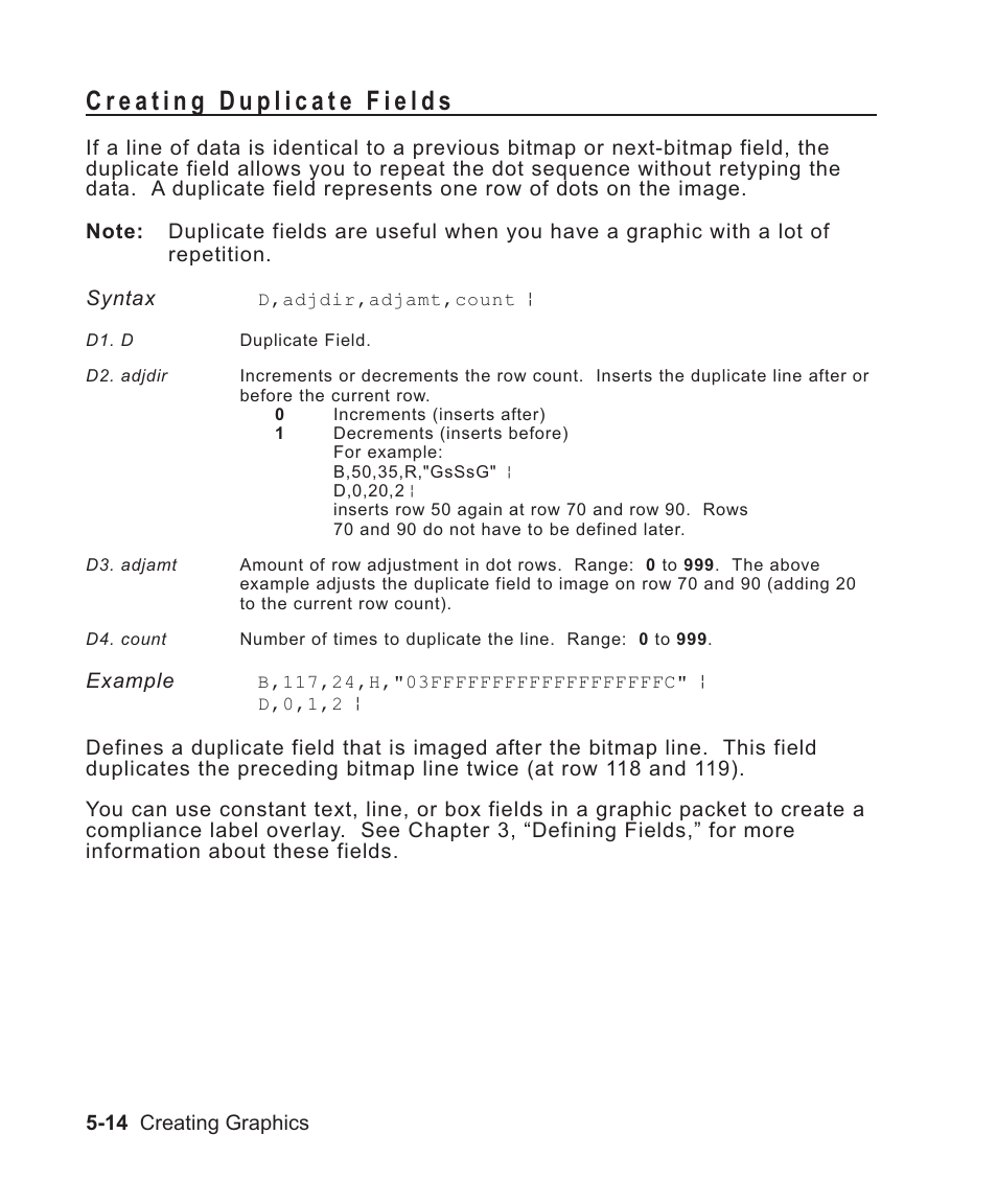 Creating duplicate fields 5-14, Duplicate fields 5-14, Duplicate,defining 5-14 | Defining duplicate fields 5-14, Creating duplicate fields -14 | Avery Dennison Sierra Sport2 9460 Programmer Manual User Manual | Page 102 / 230