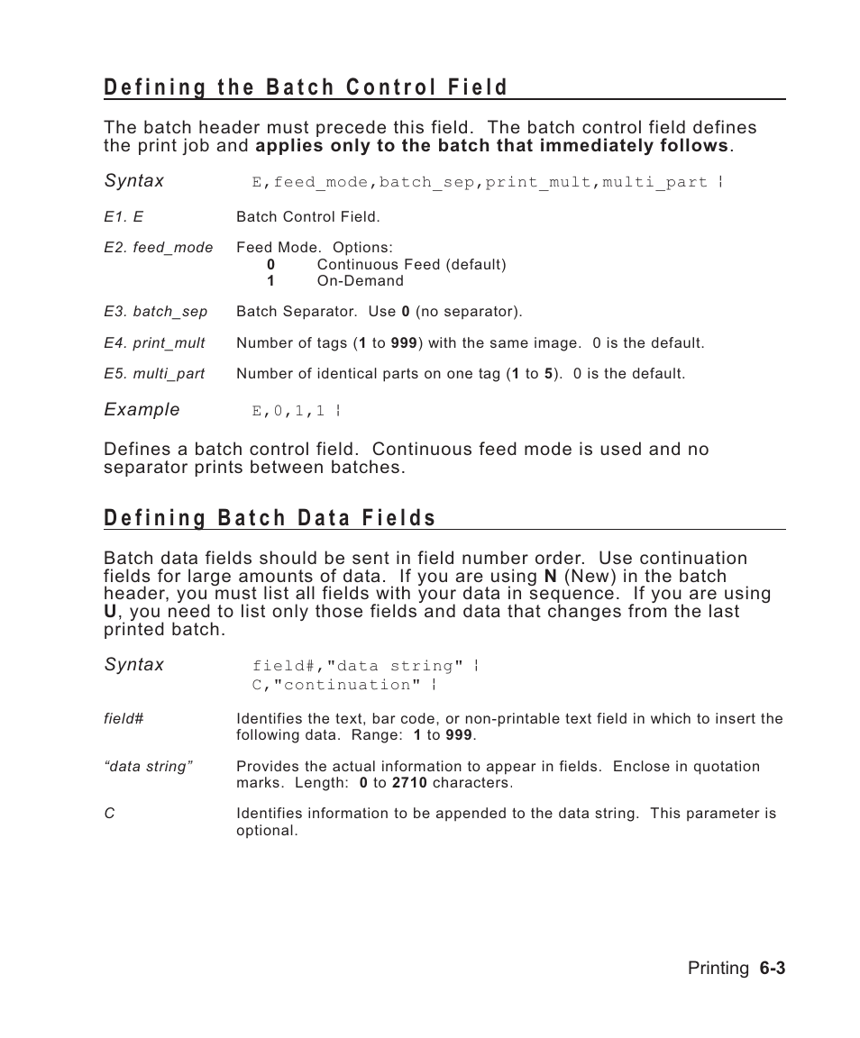 Defining the batch control field 6-3, Defining batch data fields 6-3, Defining 6-3 | Syntax 6-3, Sample 6-3, For batch 6-3, Batch control field 6-3, Batch data field 6-3, Feed mode selection 6-3, Batch control syntax 6-3 | Avery Dennison Sierra Sport2 9460 Programmer Manual User Manual | Page 111 / 230
