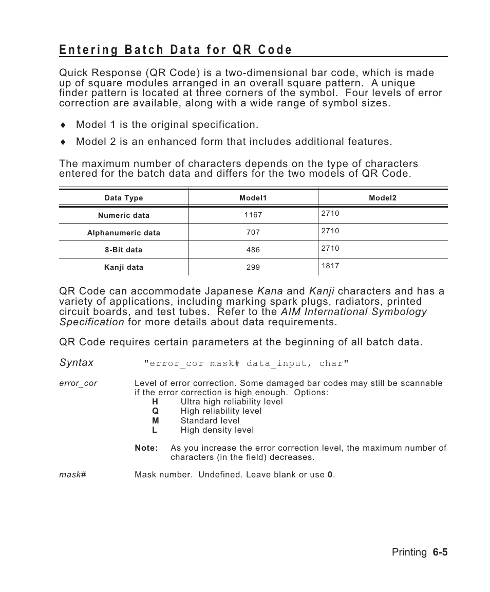 Entering batch data for qr code 6-5, Examples 6-5, 6-7, a-3, Quick response code 6-5 | Data stream 6-5, Entering batch data for qr code -5, Printing 6-5 | Avery Dennison Sierra Sport2 9460 Programmer Manual User Manual | Page 113 / 230
