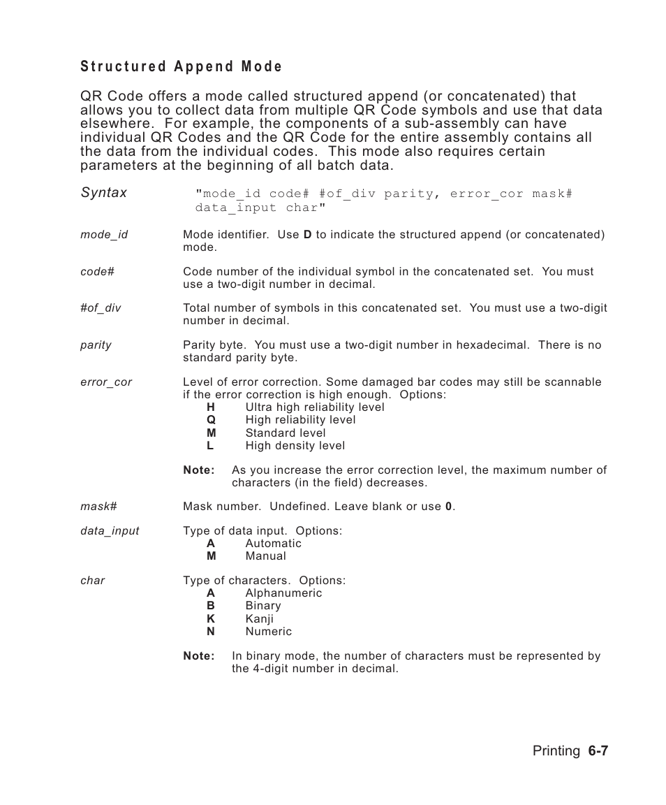 Structured append mode 6-7, Qr code, structured append 6-7, Data stream 6-7 | Structured append mode -7, Printing 6-7 | Avery Dennison Sierra Sport2 9460 Programmer Manual User Manual | Page 115 / 230