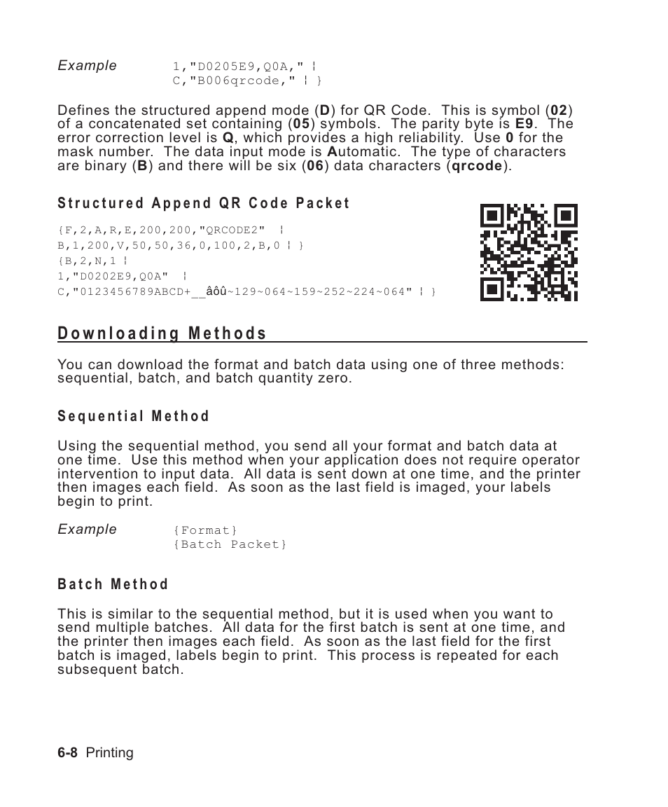 Structured append qr code packet 6-8, Downloading methods 6-8, Sequential method 6-8 | Batch method 6-8, Explained 6-8, Methods 6-8, Sequential method downloading 6-8, Structured append qr code packet -8, Downloading methods -8, Sequential method -8 | Avery Dennison Sierra Sport2 9460 Programmer Manual User Manual | Page 116 / 230