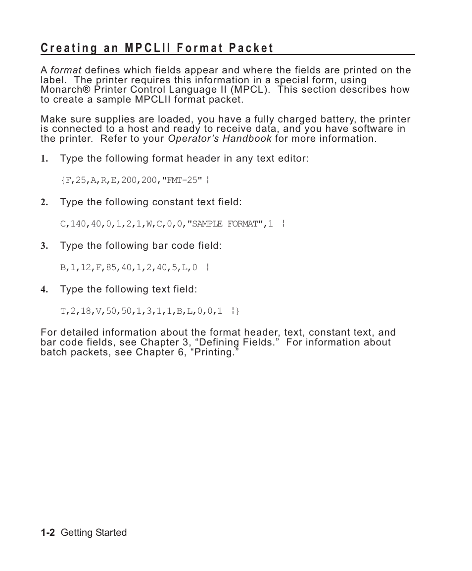 Creating an mpclii format packet 1-2, Creating an mpclii format packet -2 | Avery Dennison Sierra Sport2 9460 Programmer Manual User Manual | Page 12 / 230