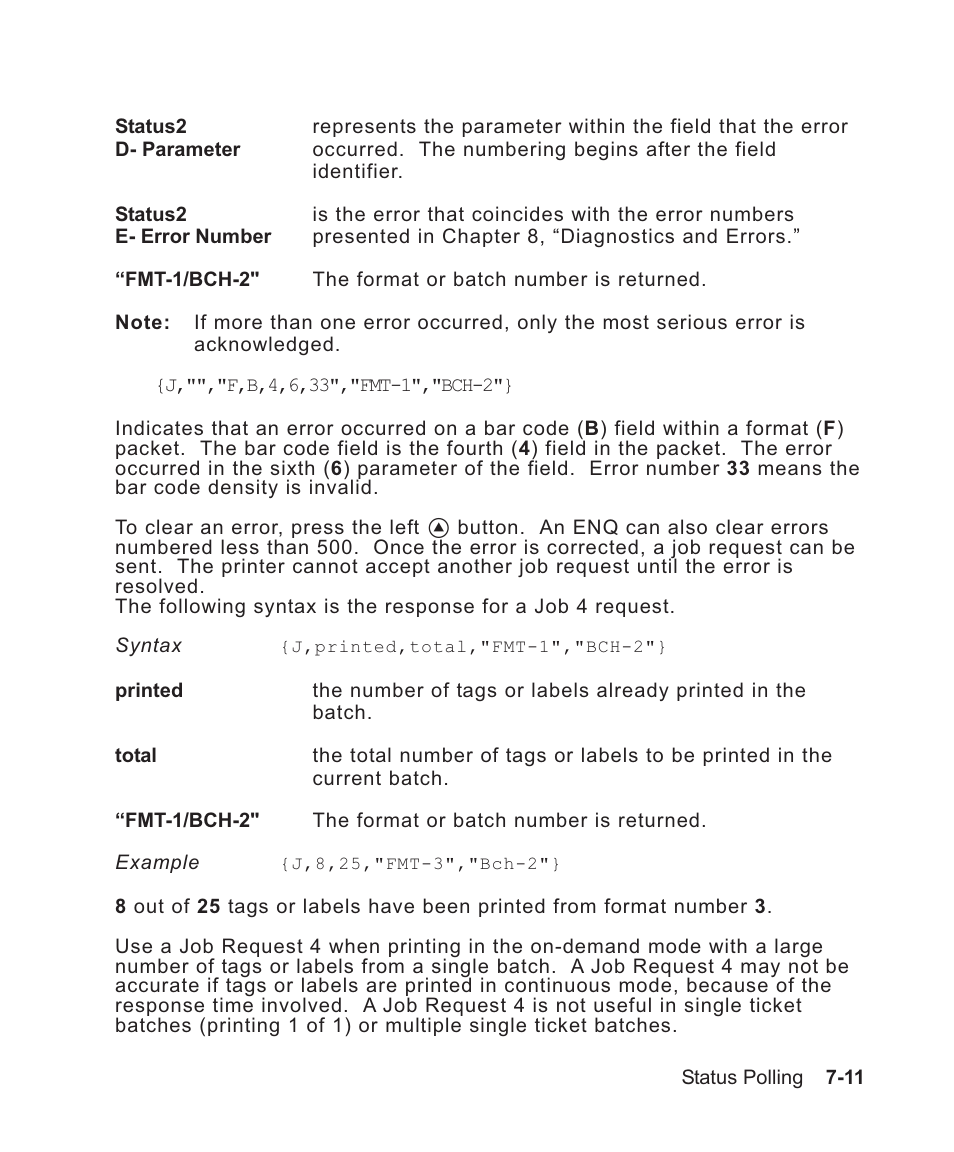 Syntax for 4 7-11, To job request 4 7-11, Job response 4 7-11 | Avery Dennison Sierra Sport2 9460 Programmer Manual User Manual | Page 129 / 230