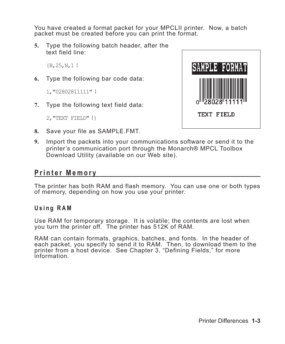 Printer memory 1-3, Using ram 1-3, Ram 1-3 | Printer memory -3, Using ram -3 | Avery Dennison Sierra Sport2 9460 Programmer Manual User Manual | Page 13 / 230
