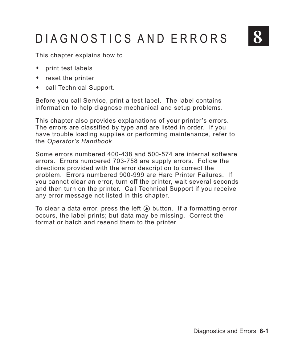 Diagnostics and errors 8-1, Diagnostics and errors -1 | Avery Dennison Sierra Sport2 9460 Programmer Manual User Manual | Page 133 / 230