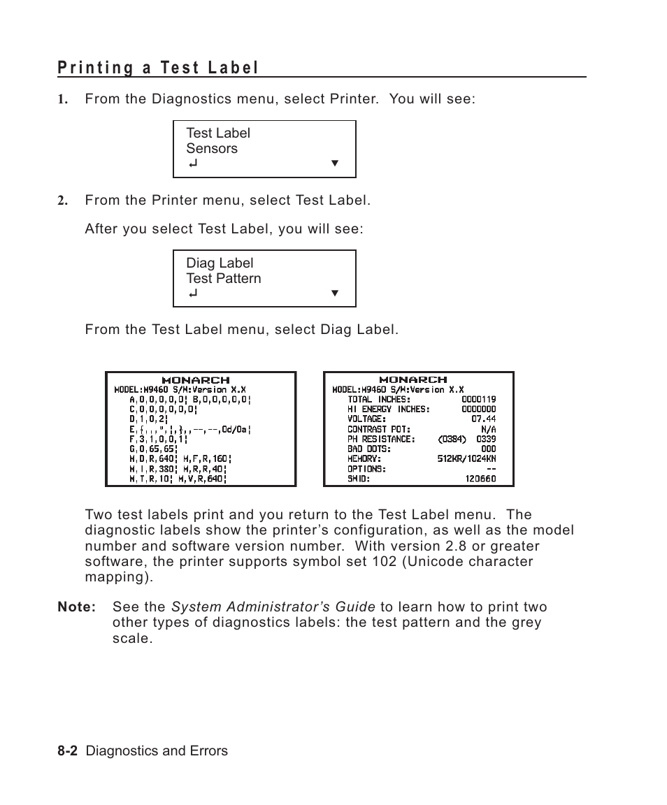 Printing a test label 8-2, Enq trailer characters 8-2, Enq/imd characters 8-2 | Packet control characters 8-2, Rs232 trailer characters 8-2, Printing test label 8-2, Printing existing config 8-2, Test label 8-2, Printing 8-2, Printing a test label -2 | Avery Dennison Sierra Sport2 9460 Programmer Manual User Manual | Page 134 / 230