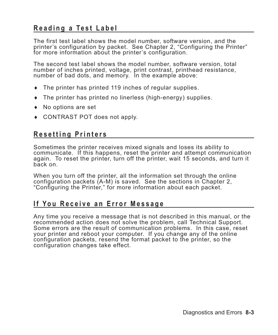 Reading a test label 8-3, Resetting printers 8-3, If you receive an error message 8-3 | List of information 8-3, Reading a test label -3, Resetting printers -3, If you receive an error message -3 | Avery Dennison Sierra Sport2 9460 Programmer Manual User Manual | Page 135 / 230