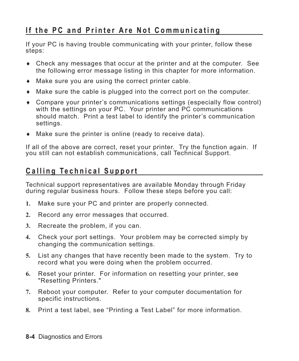 If the pc and printer are not communicating 8-4, Calling technical support 8-4, Checklist for trouble 8-4 | Help, getting 8-4, Communication checklist 8-4, Communication check 8-4, Getting technical support 8-4, Technical support 8-4, Unsuccessful communication 8-4, If the pc and printer are not communicating -4 | Avery Dennison Sierra Sport2 9460 Programmer Manual User Manual | Page 136 / 230